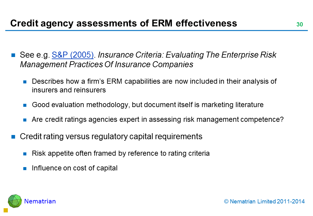 Bullet points include: See e.g. S&P (2005). Insurance Criteria: Evaluating The Enterprise Risk Management Practices Of Insurance Companies Describes how a firm’s ERM capabilities are now included in their analysis of insurers and reinsurers Good evaluation methodology, but document itself is marketing literature Are credit ratings agencies expert in assessing risk management competence? Credit rating versus regulatory capital requirements Risk appetite often framed by reference to rating criteria Influence on cost of capital