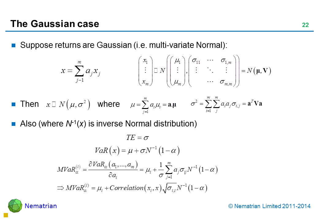 Bullet points include: Suppose returns are Gaussian (i.e. multi-variate Normal): Then where Also (where N-1(x) is inverse Normal distribution)