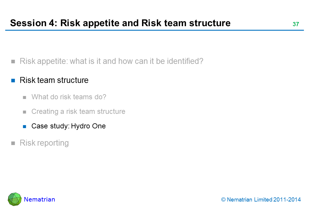 Bullet points include: Risk team structure Case study: Hydro One