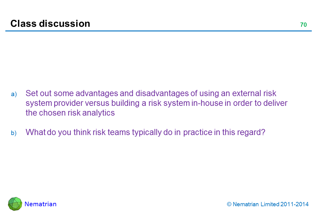 Bullet points include: Set out some advantages and disadvantages of using an external risk system provider versus building a risk system in-house in order to deliver the chosen risk analytics What do you think risk teams typically do in practice in this regard?