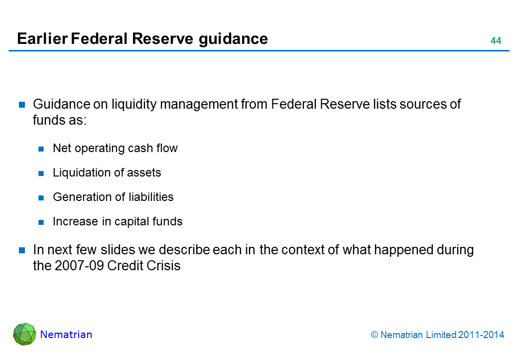 Bullet points include: Guidance on liquidity management from Federal Reserve lists sources of funds as: Net operating cash flow Liquidation of assets Generation of liabilities Increase in capital funds In next few slides we describe each in the context of what happened during the 2007-09 Credit Crisis