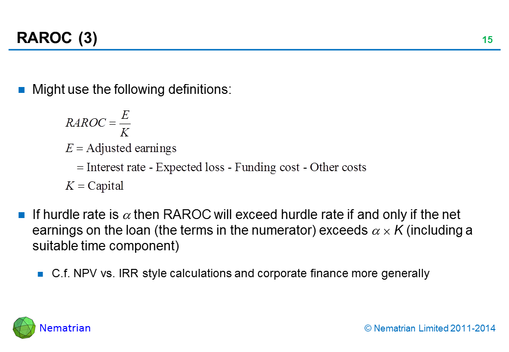 Bullet points include: Might use the following definitions: If hurdle rate is alpha then RAROC will exceed hurdle rate if and only if the net earnings on the loan (the terms in the numerator) exceeds alpha x K (including a suitable time component) C.f. NPV vs. IRR style calculations and corporate finance more generally
