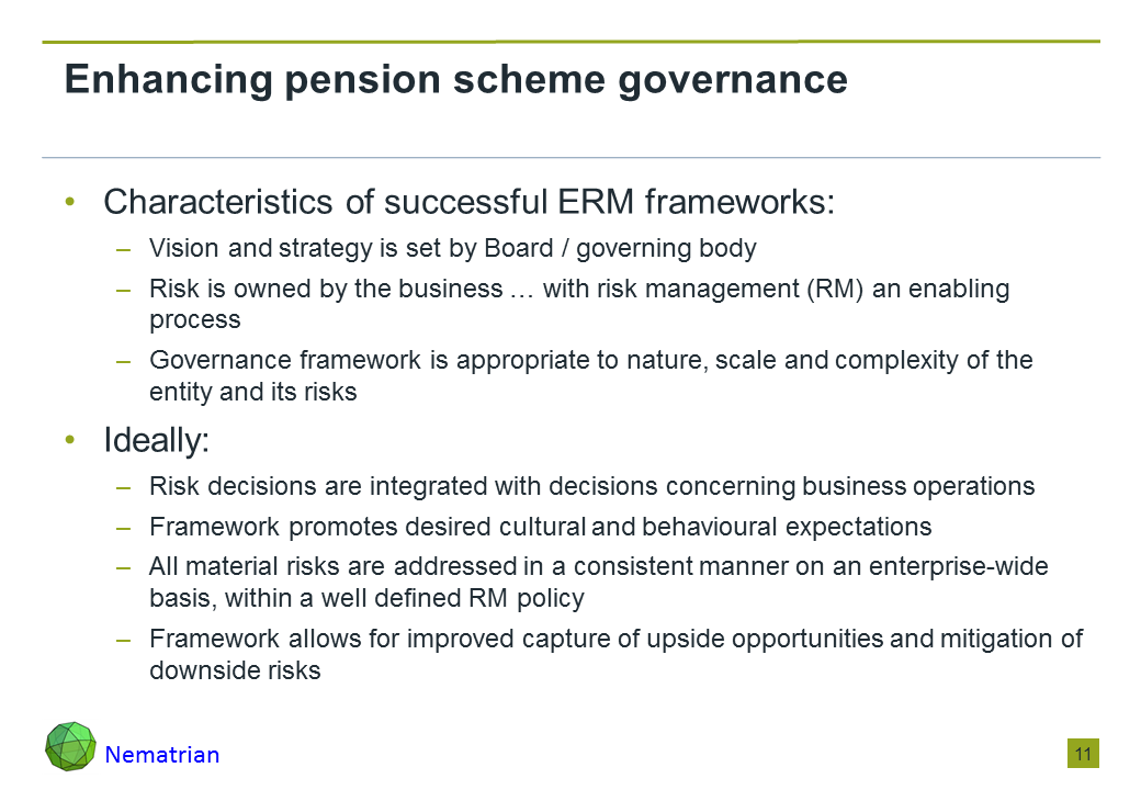 Bullet points include: Characteristics of successful ERM frameworks: Vision and strategy is set by Board / governing body, Risk is owned by the business … with risk management (RM) an enabling process, Governance framework is appropriate to nature, scale and complexity of the entity and its risks. Ideally: Risk decisions are integrated with decisions concerning business operations, Framework promotes desired cultural and behavioural expectations, All material risks are addressed in a consistent manner on an enterprise-wide basis, within a well defined RM policy, Framework allows for improved capture of upside opportunities and mitigation of downside risks