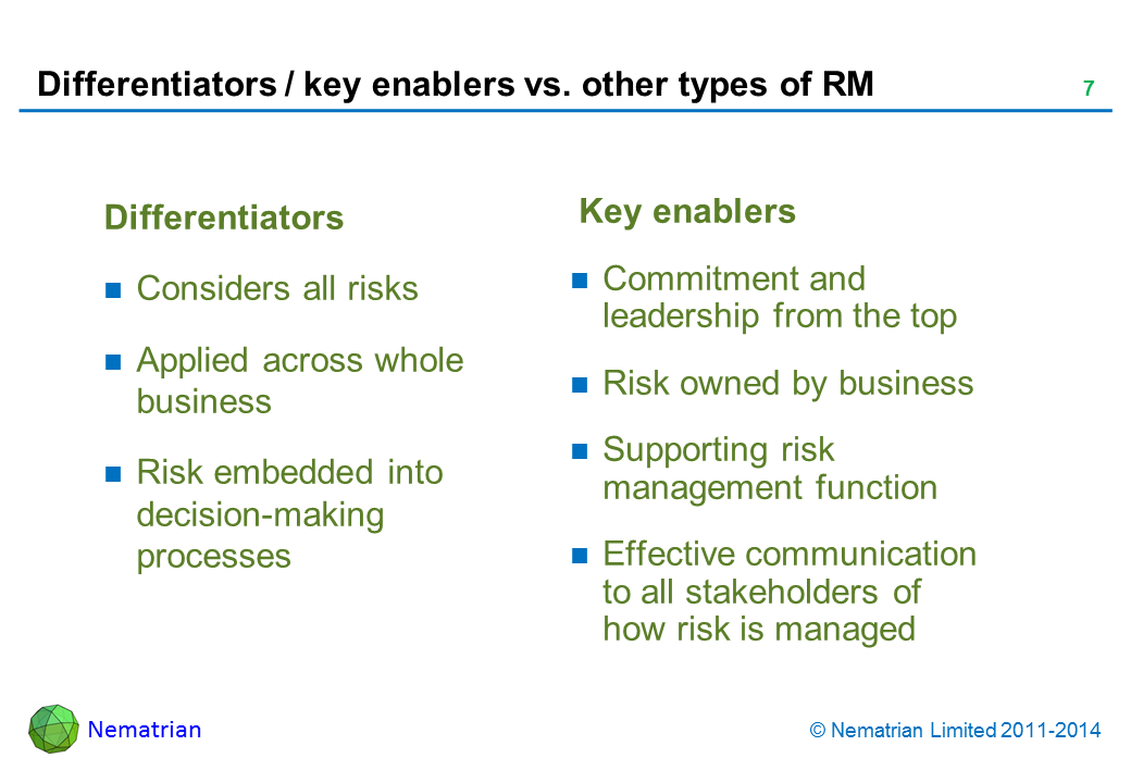 Bullet points include: Differentiators Considers all risks Applied across whole business Risk embedded into decision-making processes Key enablers Commitment and leadership from the top Risk owned by business Supporting risk management function Effective communication to all stakeholders of how risk is managed