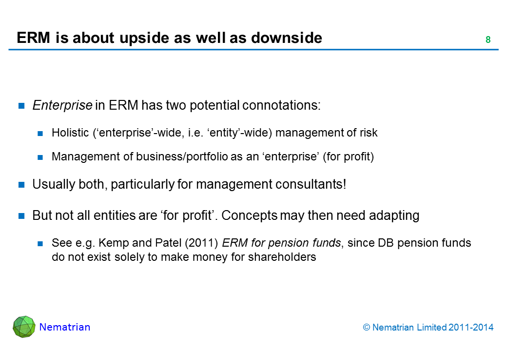 Bullet points include: Enterprise in ERM has two potential connotations: Holistic (‘enterprise’-wide, i.e. ‘entity’-wide) management of risk Management of business/portfolio as an ‘enterprise’ (for profit) Usually both, particularly for management consultants! But not all entities are ‘for profit’. Concepts may then need adapting See e.g. Kemp and Patel (2011) ERM for pension funds, since DB pension funds do not exist solely to make money for shareholders