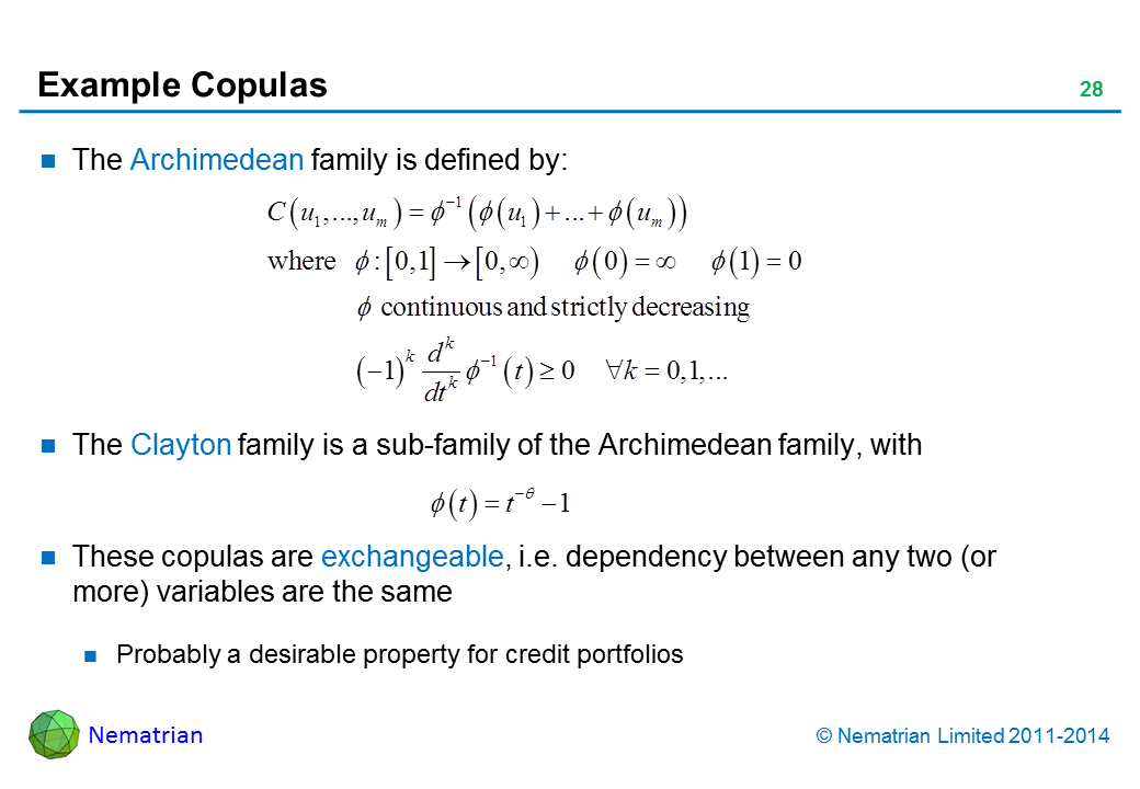 Bullet points include: The Archimedean family is defined by: The Clayton family is a sub-family of the Archimedean family, with. These copulas are exchangeable, i.e. dependency between any two (or more) variables are the same. Probably a desirable property for credit portfolios