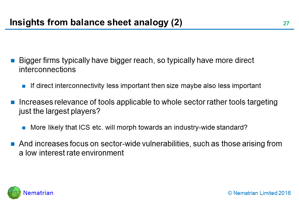Bullet points include: Bigger firms typically have bigger reach, so typically have more direct interconnections. If direct interconnectivity less important then size maybe also less important. Increases relevance of tools applicable to whole sector rather tools targeting just the largest players? More likely that ICS etc. will morph towards an industry-wide standard? And increases focus on sector-wide vulnerabilities, such as those arising from a low interest rate environment