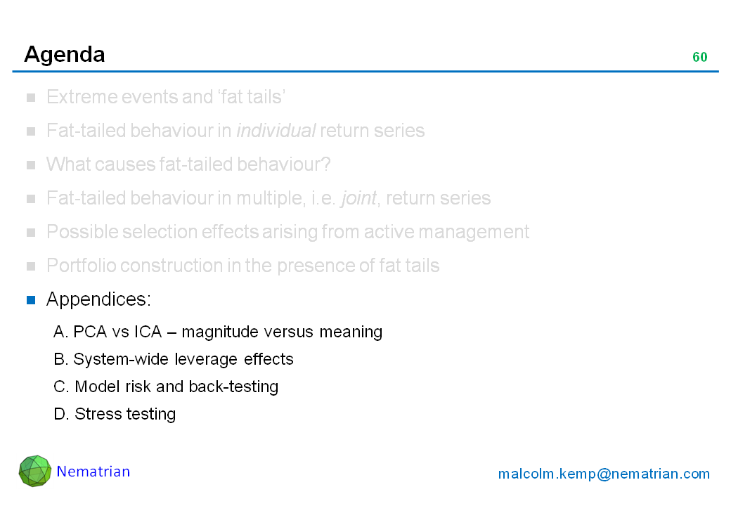 Bullet points include: Appendices: A. PCA vs ICA – magnitude versus meaning, B. System-wide leverage effects, C. Model risk and back-testing, D. Stress testing